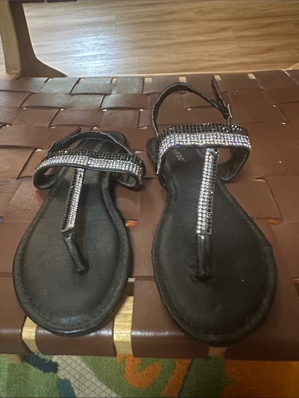 BAMBOO Black T-Strap Rhinestone Embellished Sandals
